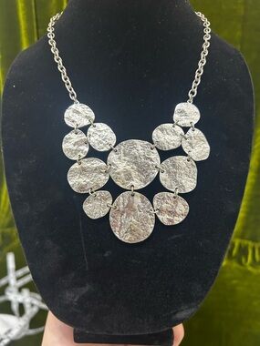Silver Textured Disc Bib Necklace - Women Jewelry